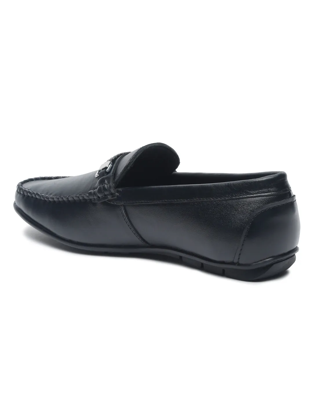 Men Black Solid Leather Formal Slip-On