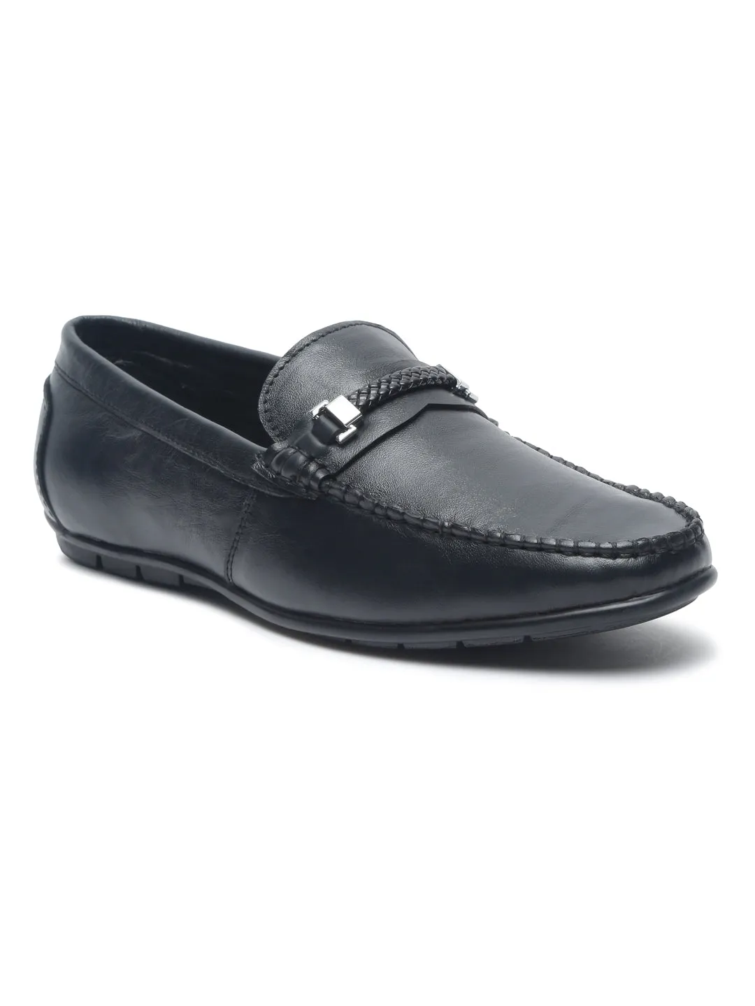 Men Black Solid Leather Formal Slip-On
