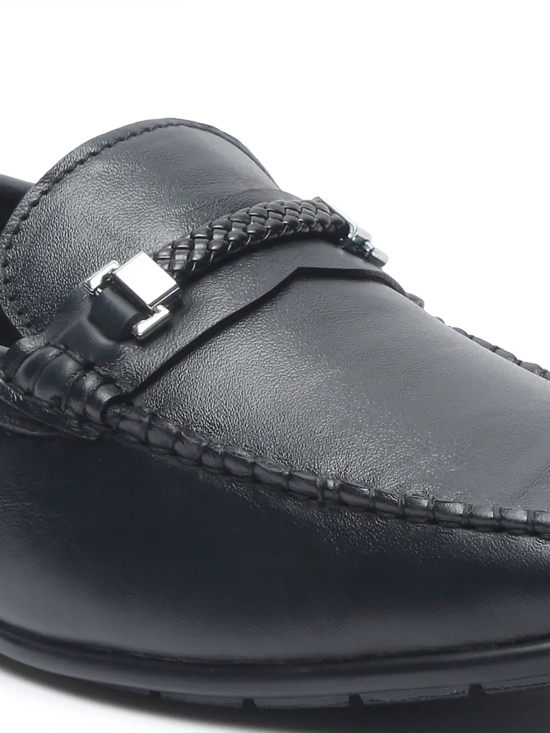 Men Black Solid Leather Formal Slip-On
