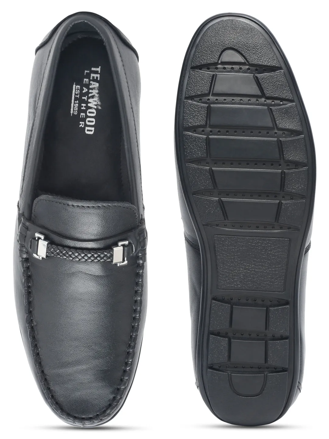 Men Black Solid Leather Formal Slip-On