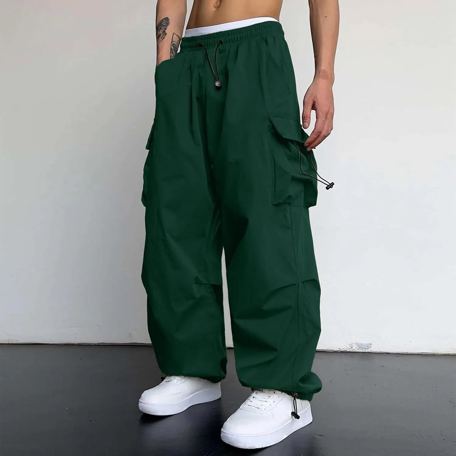 Men's Baggy Cargo Pants Casual Cotton Elasticated Waist Pant Streetwear with Multiple Pockets