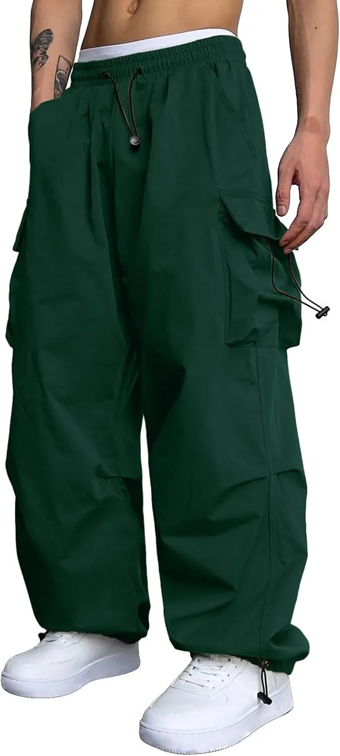 Men's Baggy Cargo Pants Casual Cotton Elasticated Waist Pant Streetwear with Multiple Pockets