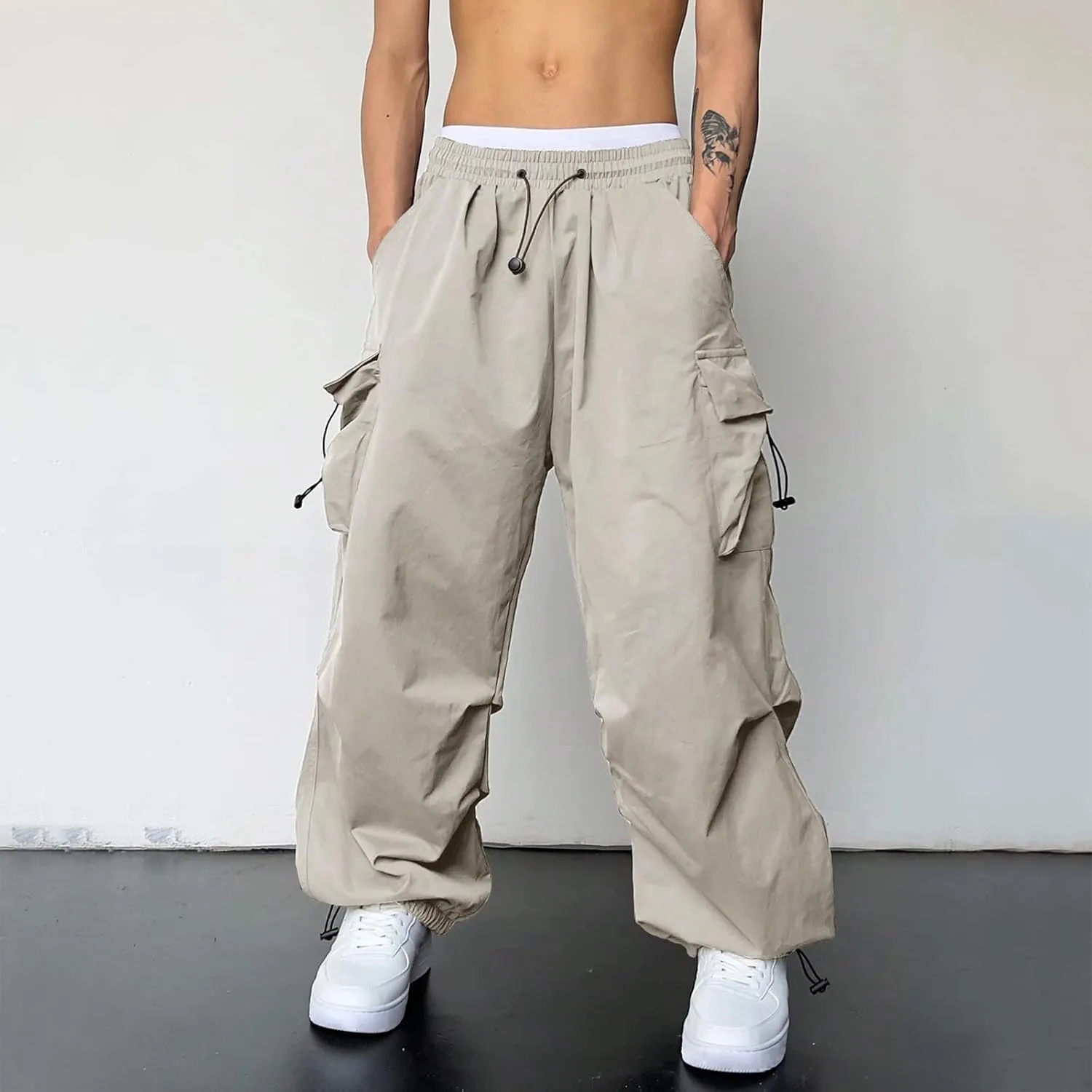 Men's Baggy Cargo Pants Casual Cotton Stretch Elastic Waist Pant Hiking Pant Multi Pockets