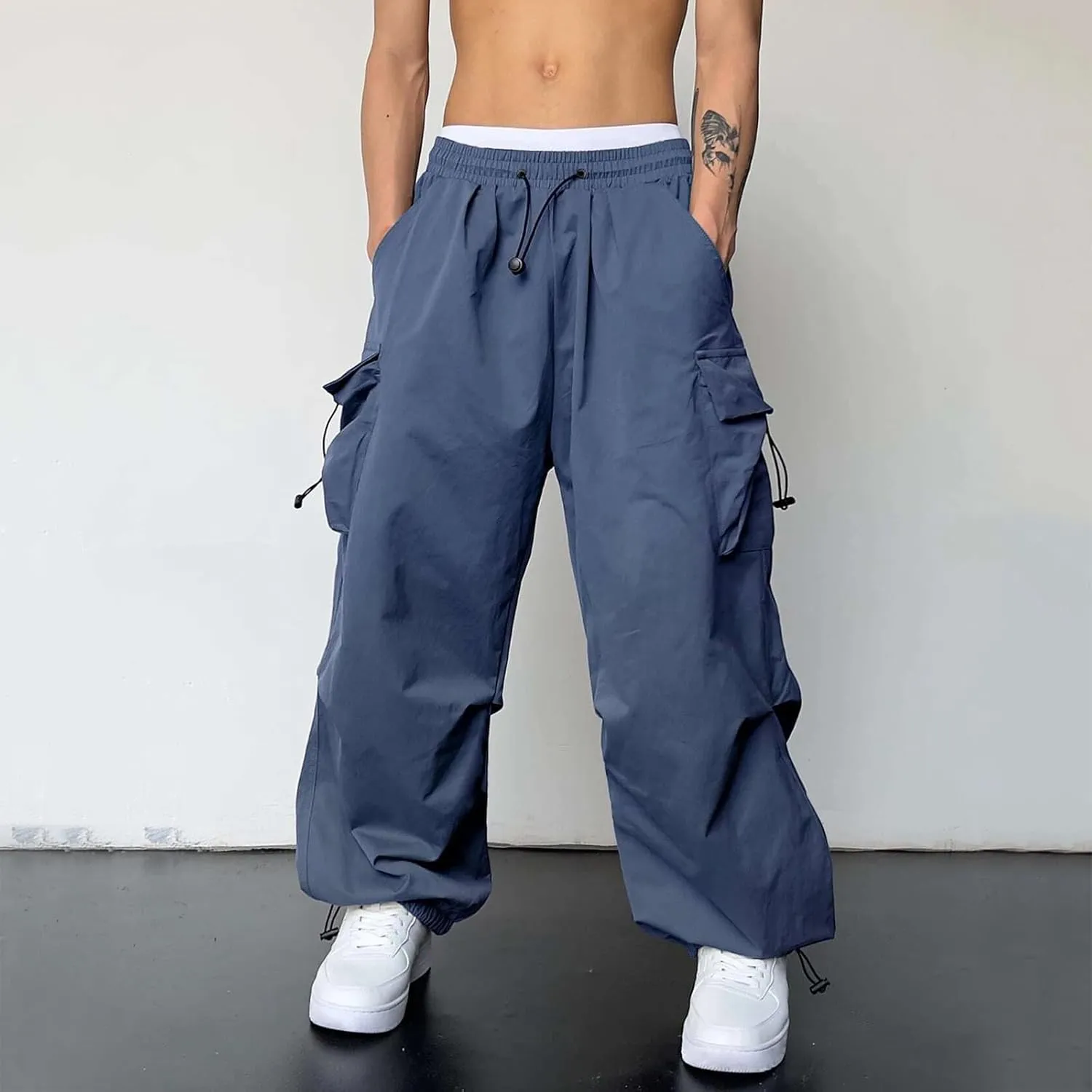 Men's Baggy Cargo Pants Casual Parachute Pants Cotton Elasticated Loose Fit Streetwear Multi Pockets