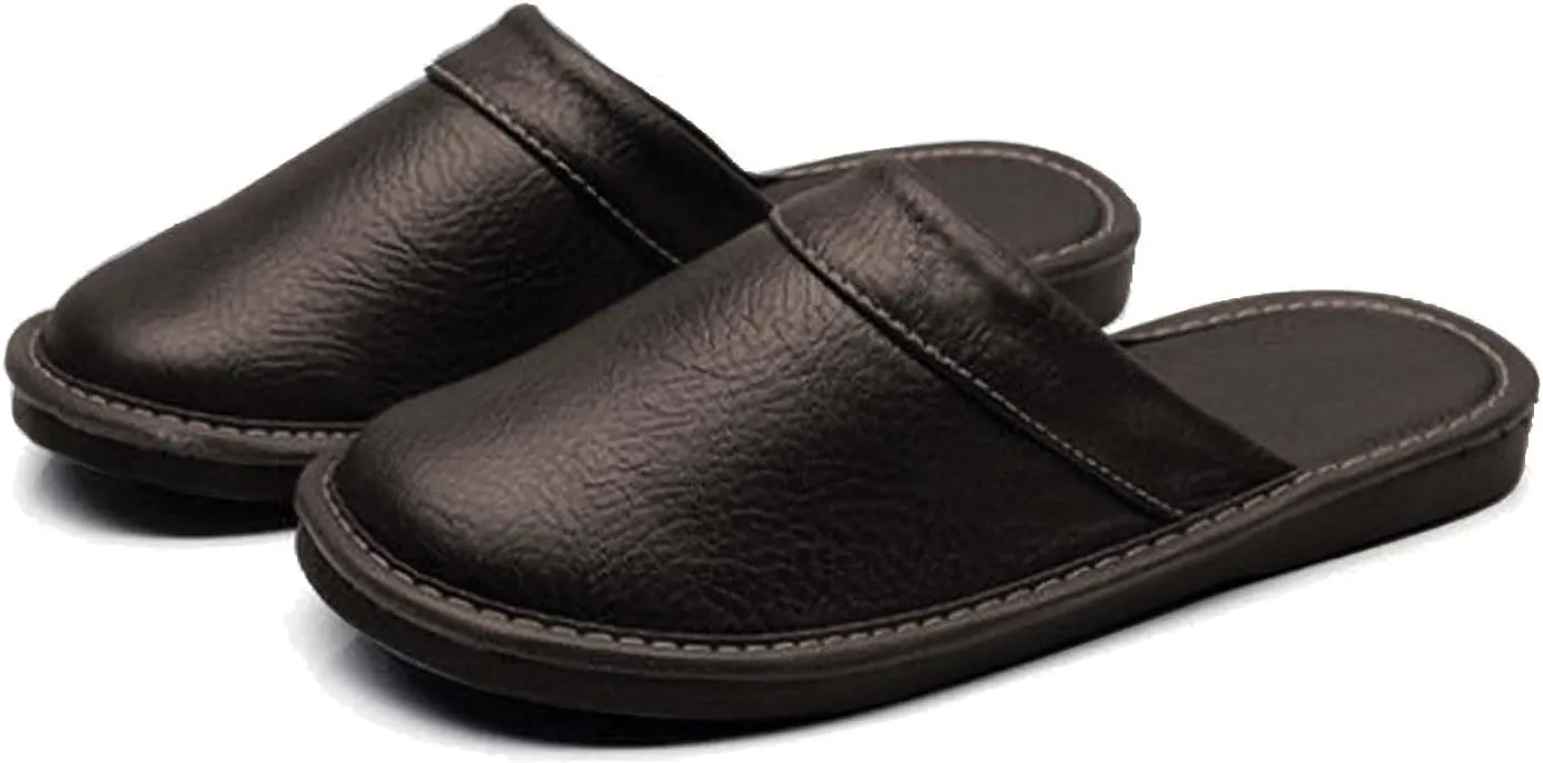 Men's Comfortable Round Toe Non-slip Soft Slippers Genuine Leather Slippers House Slip-on Shoes Office Bedroom Home Slippers