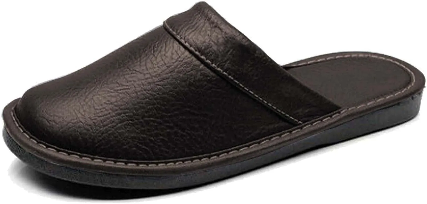 Men's Comfortable Round Toe Non-slip Soft Slippers Genuine Leather Slippers House Slip-on Shoes Office Bedroom Home Slippers