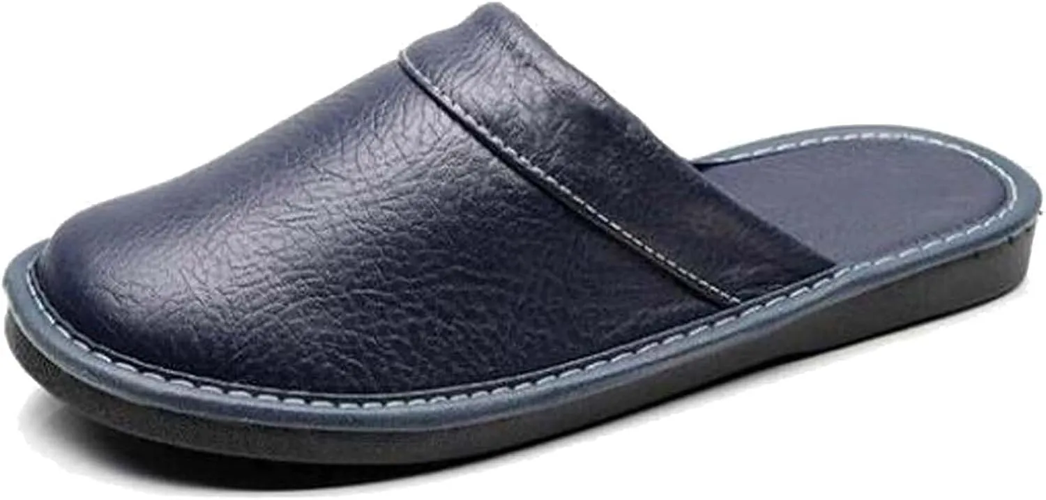 Men's Comfortable Round Toe Non-slip Soft Slippers Genuine Leather Slippers House Slip-on Shoes Office Bedroom Home Slippers