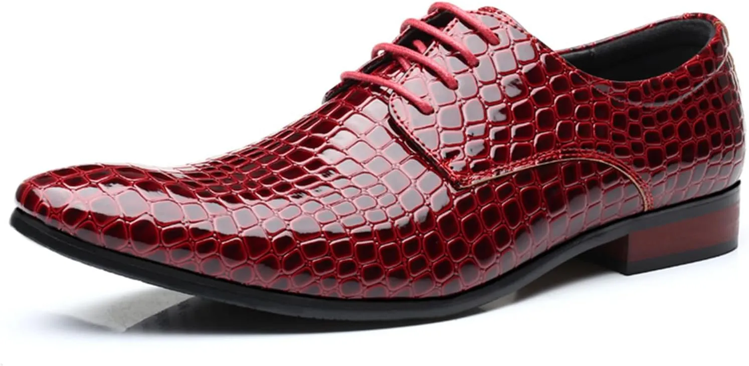 Mens Dress Shoes Fashion Faux Crocodile Patent Leather Formal Shoes Lace-up Pointed-Toe Wedding Party Oxford Shoes