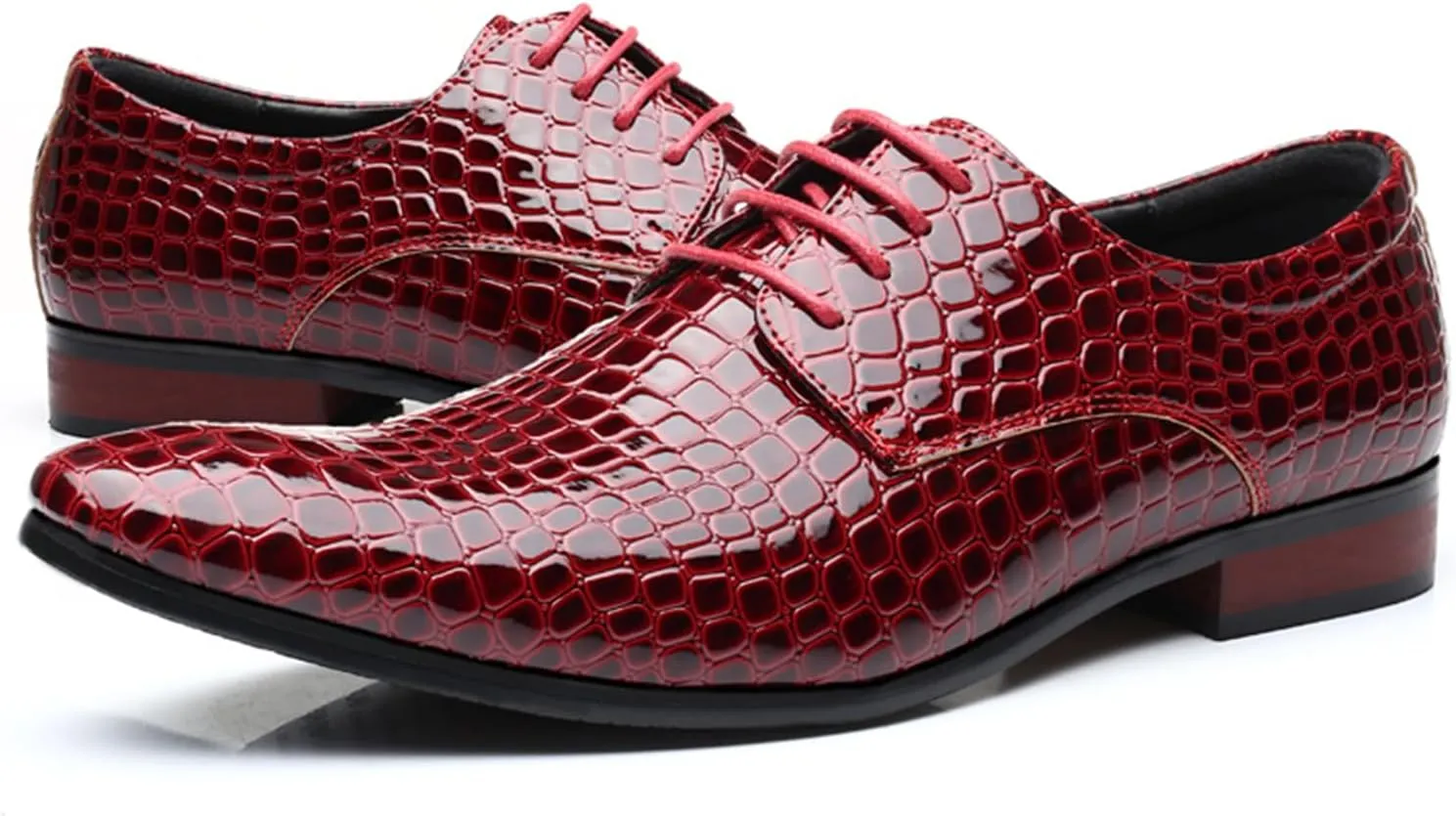 Mens Dress Shoes Fashion Faux Crocodile Patent Leather Formal Shoes Lace-up Pointed-Toe Wedding Party Oxford Shoes