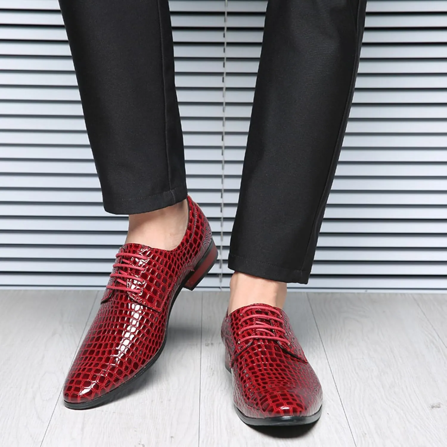 Mens Dress Shoes Fashion Faux Crocodile Patent Leather Formal Shoes Lace-up Pointed-Toe Wedding Party Oxford Shoes