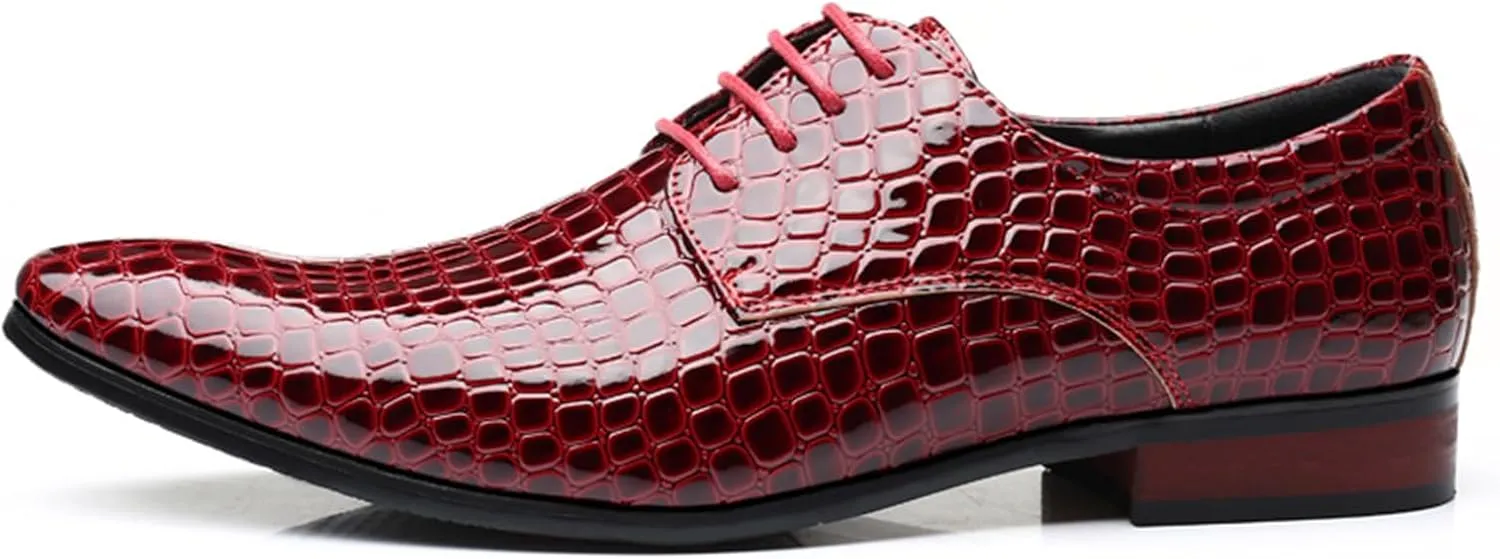Mens Dress Shoes Fashion Faux Crocodile Patent Leather Formal Shoes Lace-up Pointed-Toe Wedding Party Oxford Shoes