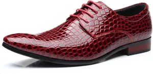 Mens Dress Shoes Fashion Faux Crocodile Patent Leather Formal Shoes Lace-up Pointed-Toe Wedding Party Oxford Shoes