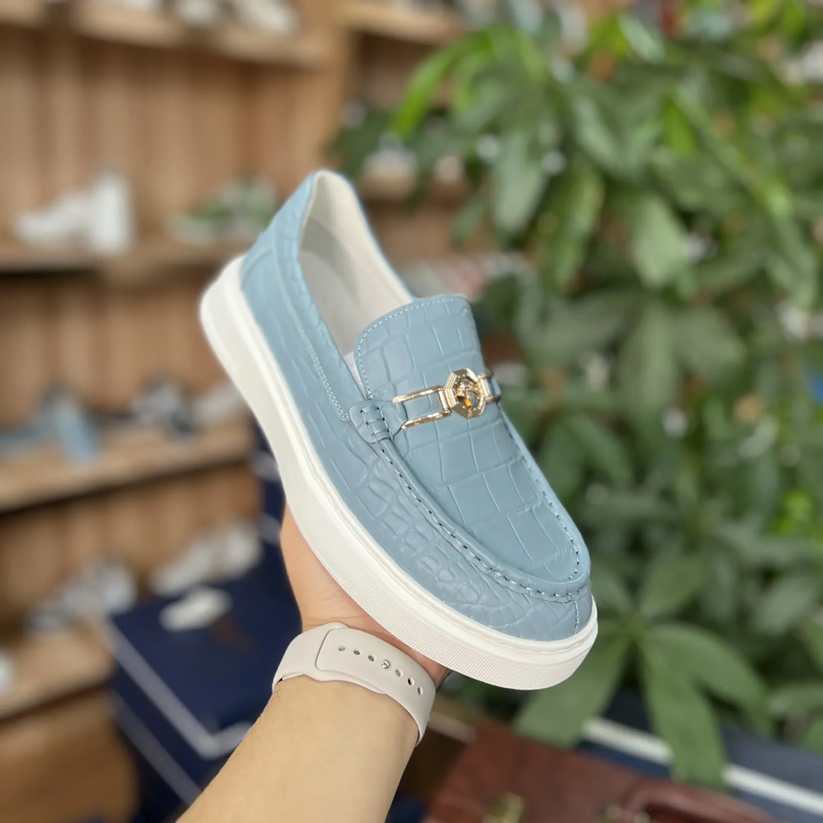 Men's Genuine Crocodile Leather Slip On Loafer Bit Shoes Baby Blue