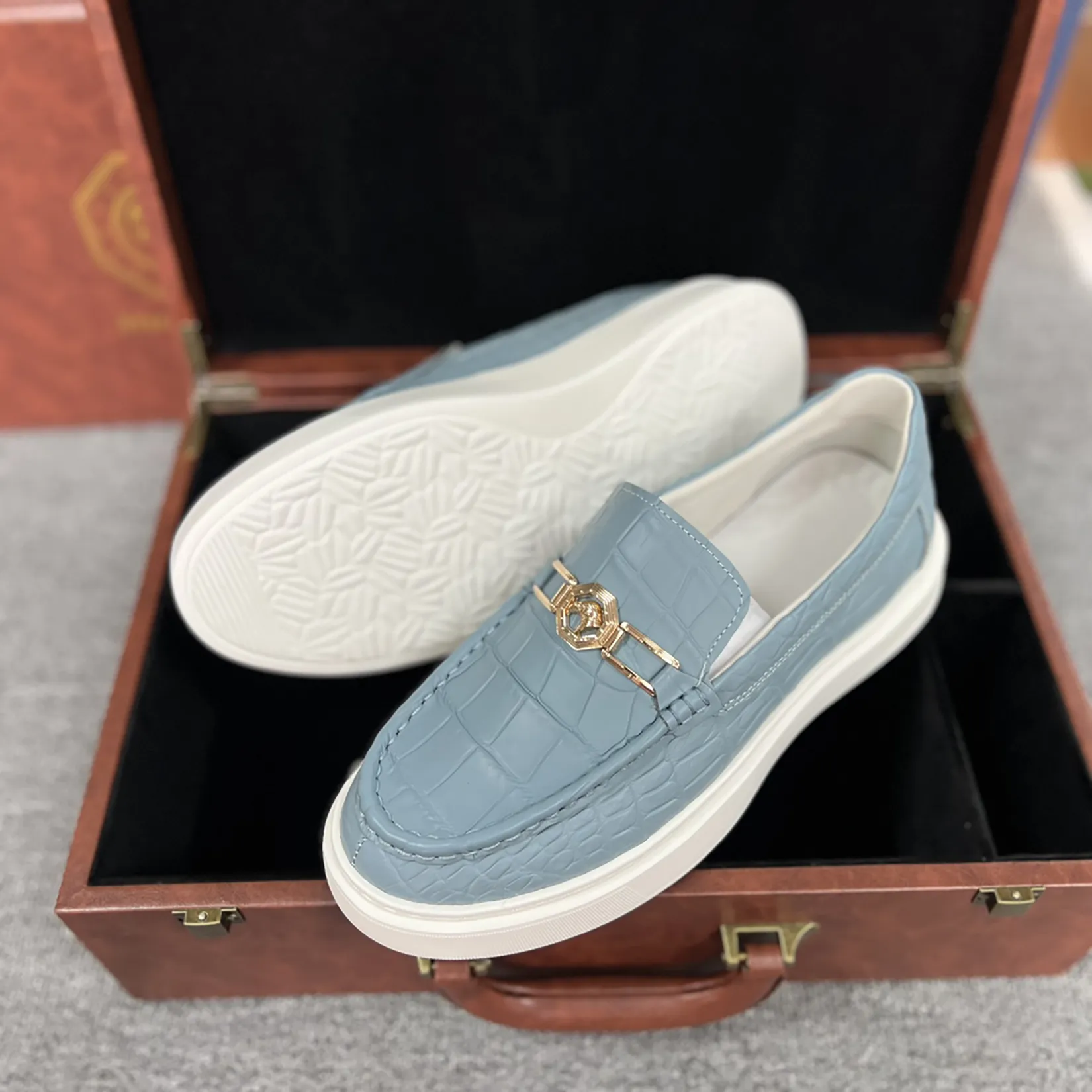 Men's Genuine Crocodile Leather Slip On Loafer Bit Shoes Baby Blue