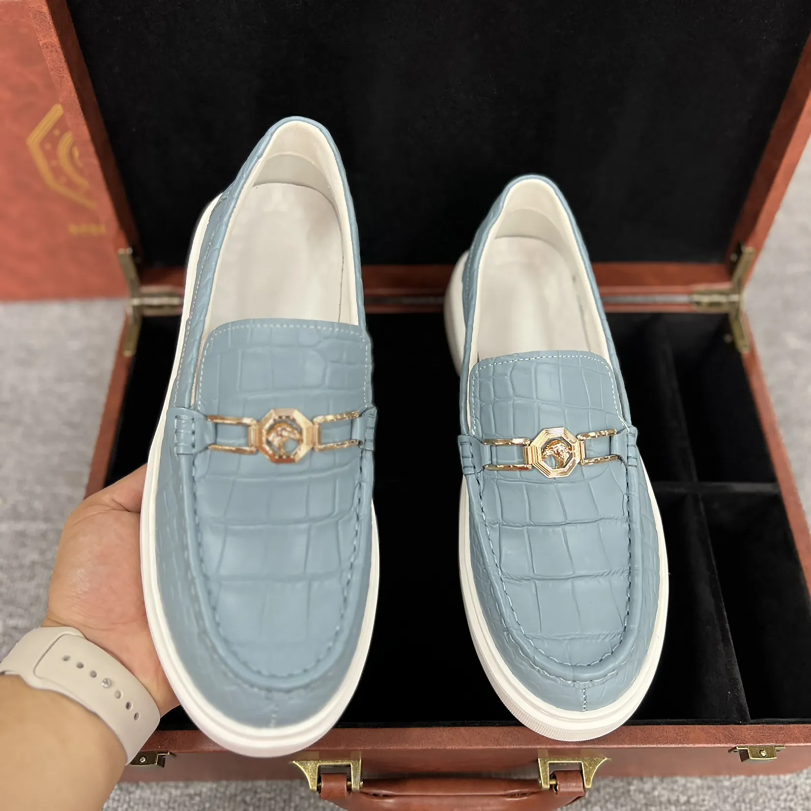 Men's Genuine Crocodile Leather Slip On Loafer Bit Shoes Baby Blue