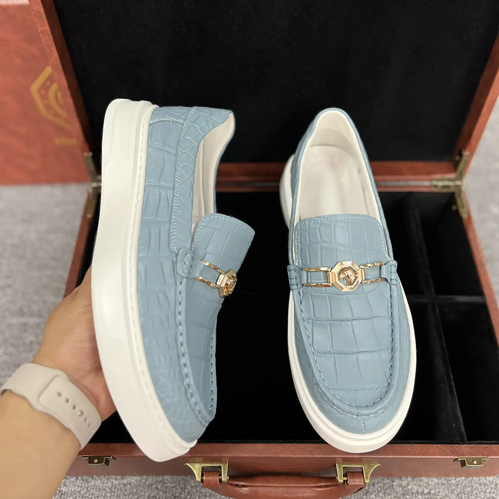 Men's Genuine Crocodile Leather Slip On Loafer Bit Shoes Baby Blue