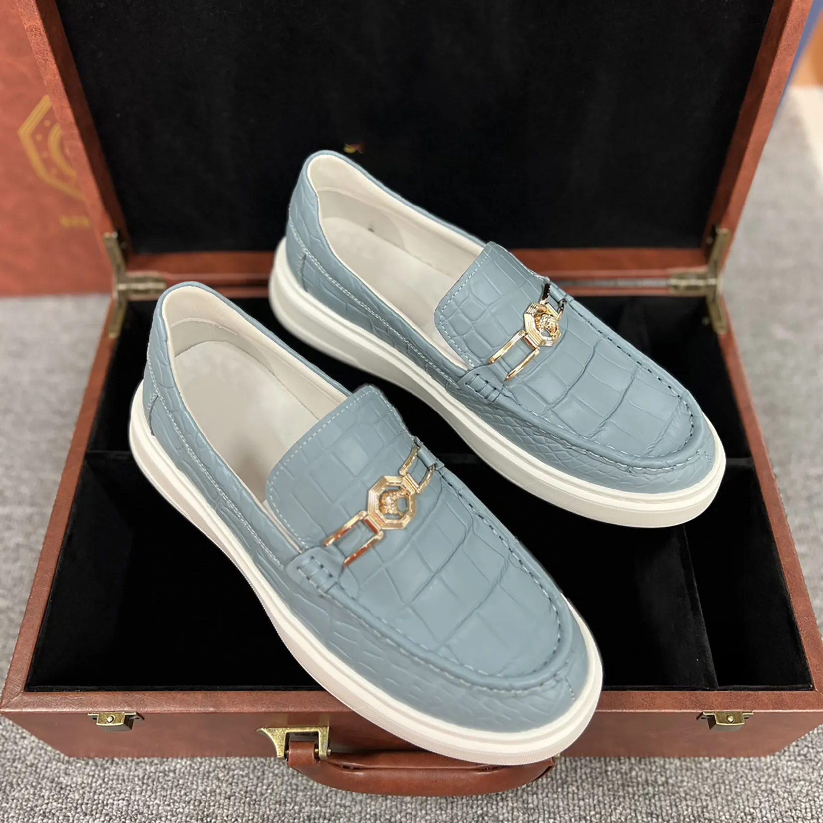 Men's Genuine Crocodile Leather Slip On Loafer Bit Shoes Baby Blue