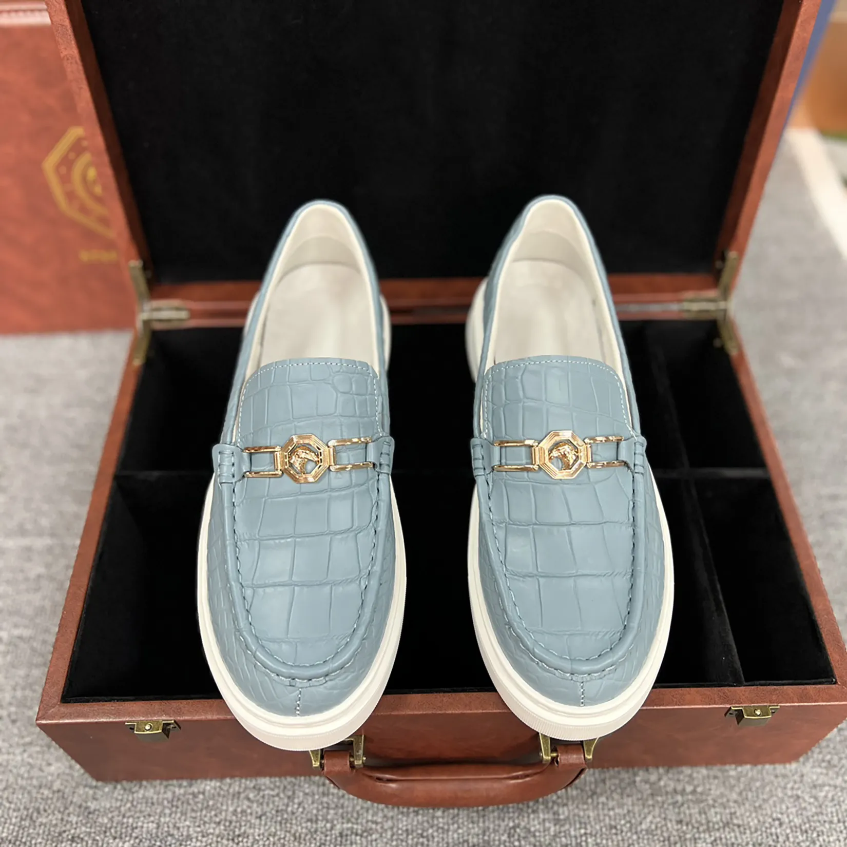 Men's Genuine Crocodile Leather Slip On Loafer Bit Shoes Baby Blue