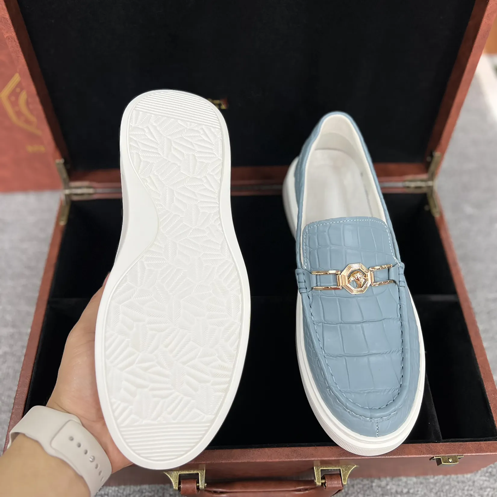 Men's Genuine Crocodile Leather Slip On Loafer Bit Shoes Baby Blue
