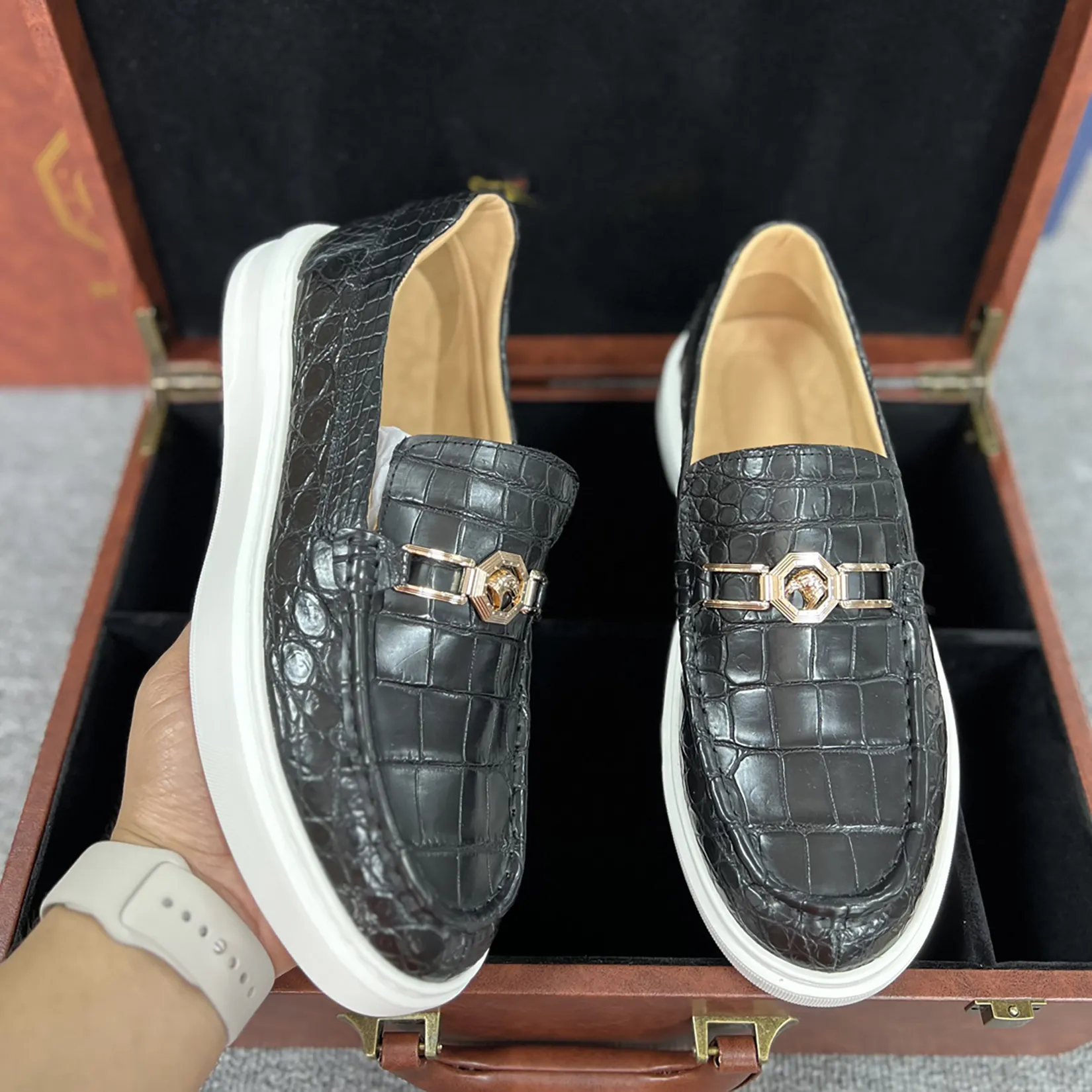 Men's Genuine Crocodile Leather Slip On Loafer Bit Shoes Black