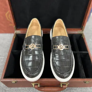 Men's Genuine Crocodile Leather Slip On Loafer Bit Shoes Black