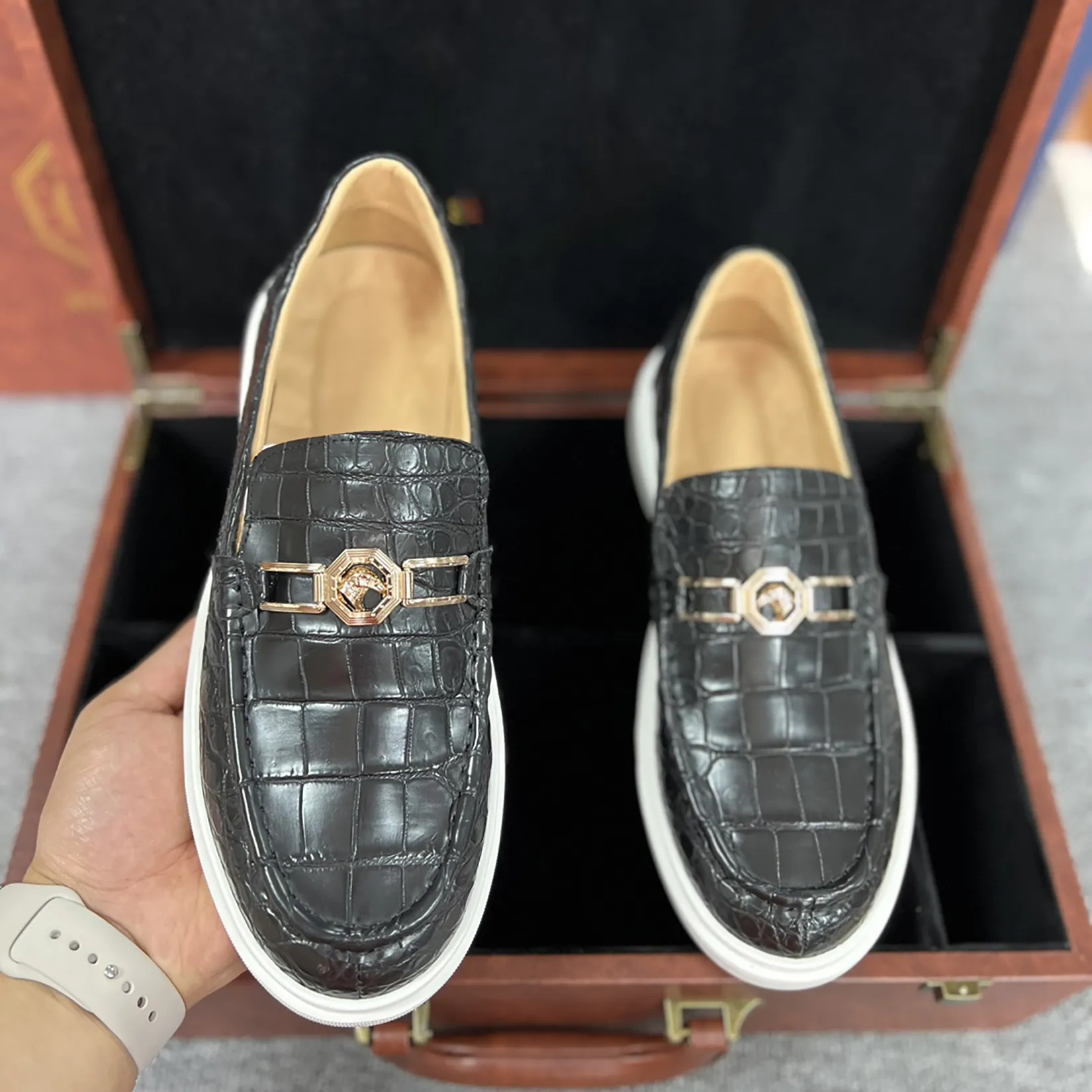 Men's Genuine Crocodile Leather Slip On Loafer Bit Shoes Black