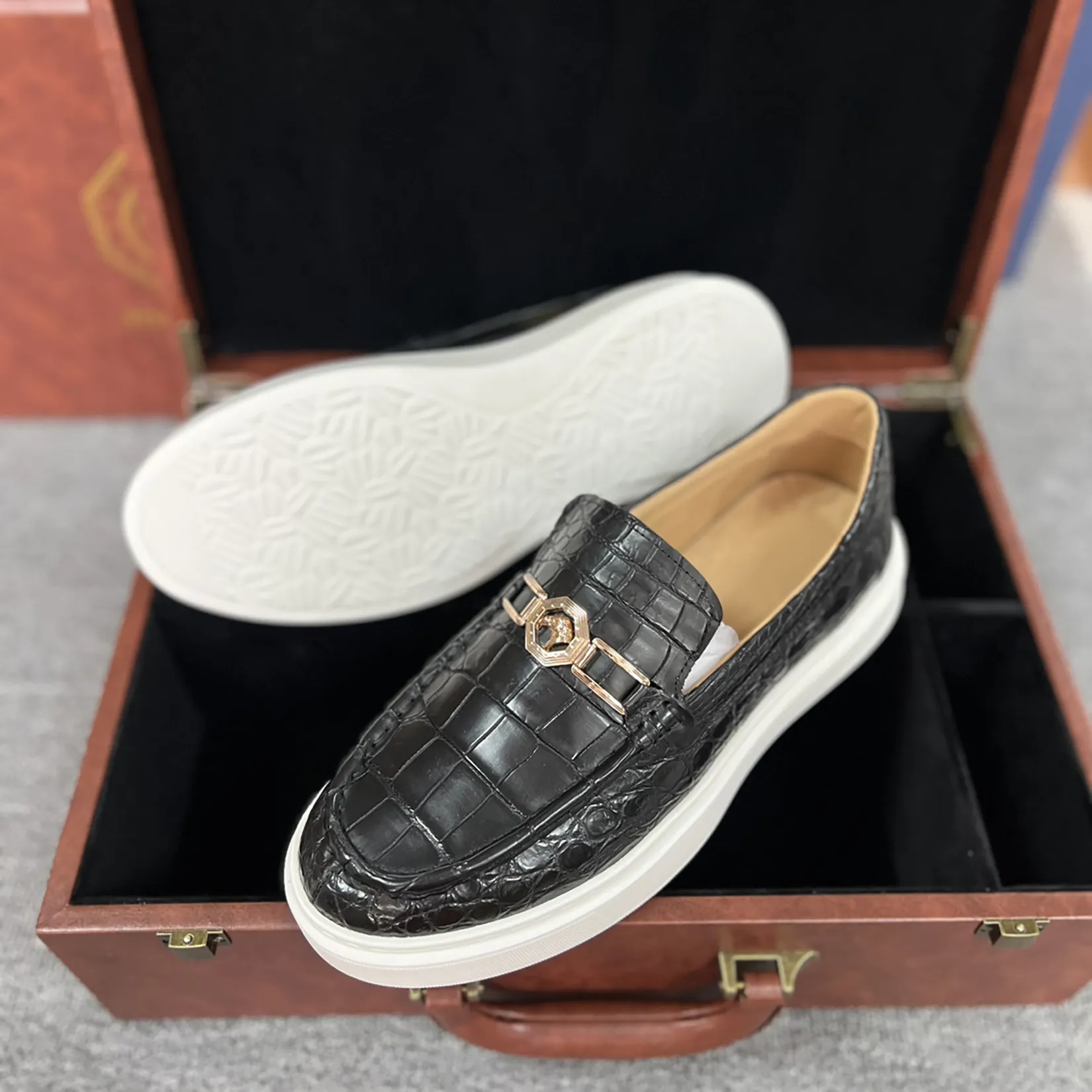 Men's Genuine Crocodile Leather Slip On Loafer Bit Shoes Black