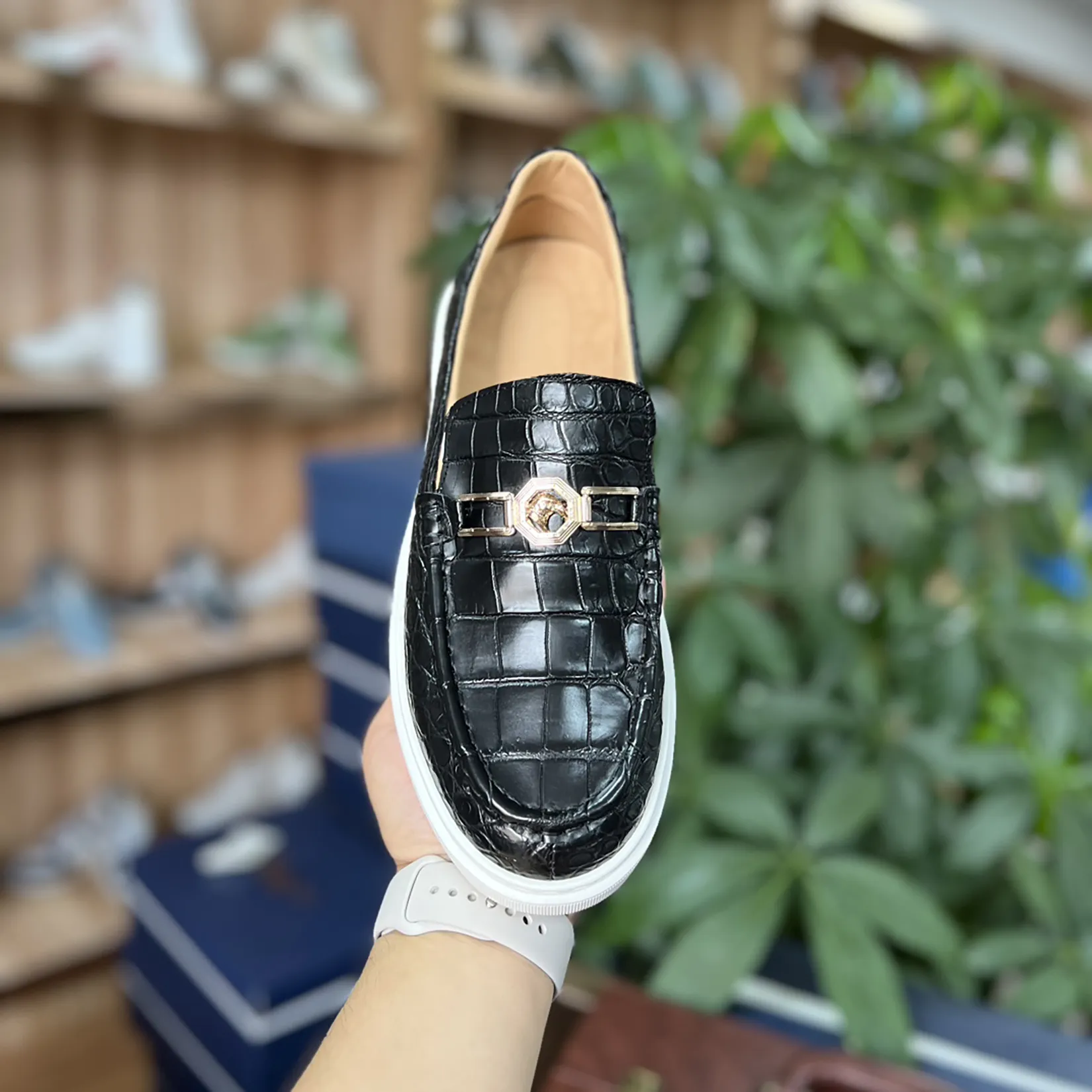 Men's Genuine Crocodile Leather Slip On Loafer Bit Shoes Black