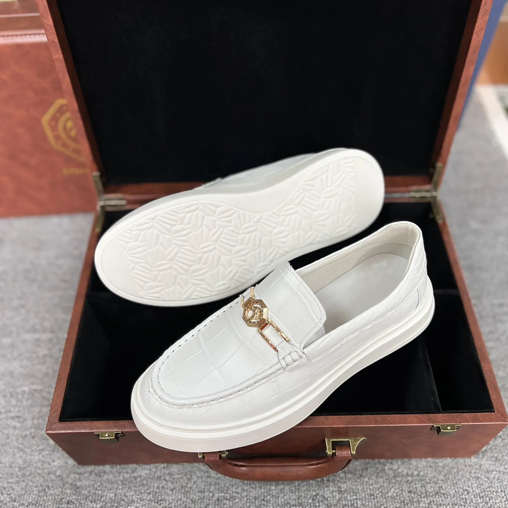 Men's Genuine Crocodile Leather Slip On Loafer Bit Shoes White