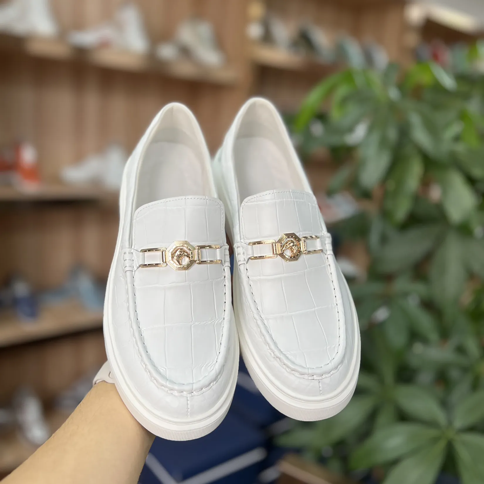 Men's Genuine Crocodile Leather Slip On Loafer Bit Shoes White