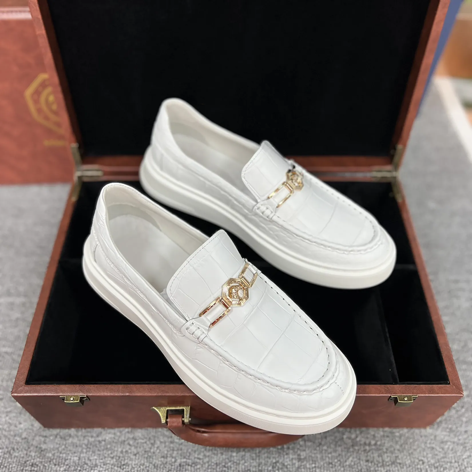 Men's Genuine Crocodile Leather Slip On Loafer Bit Shoes White