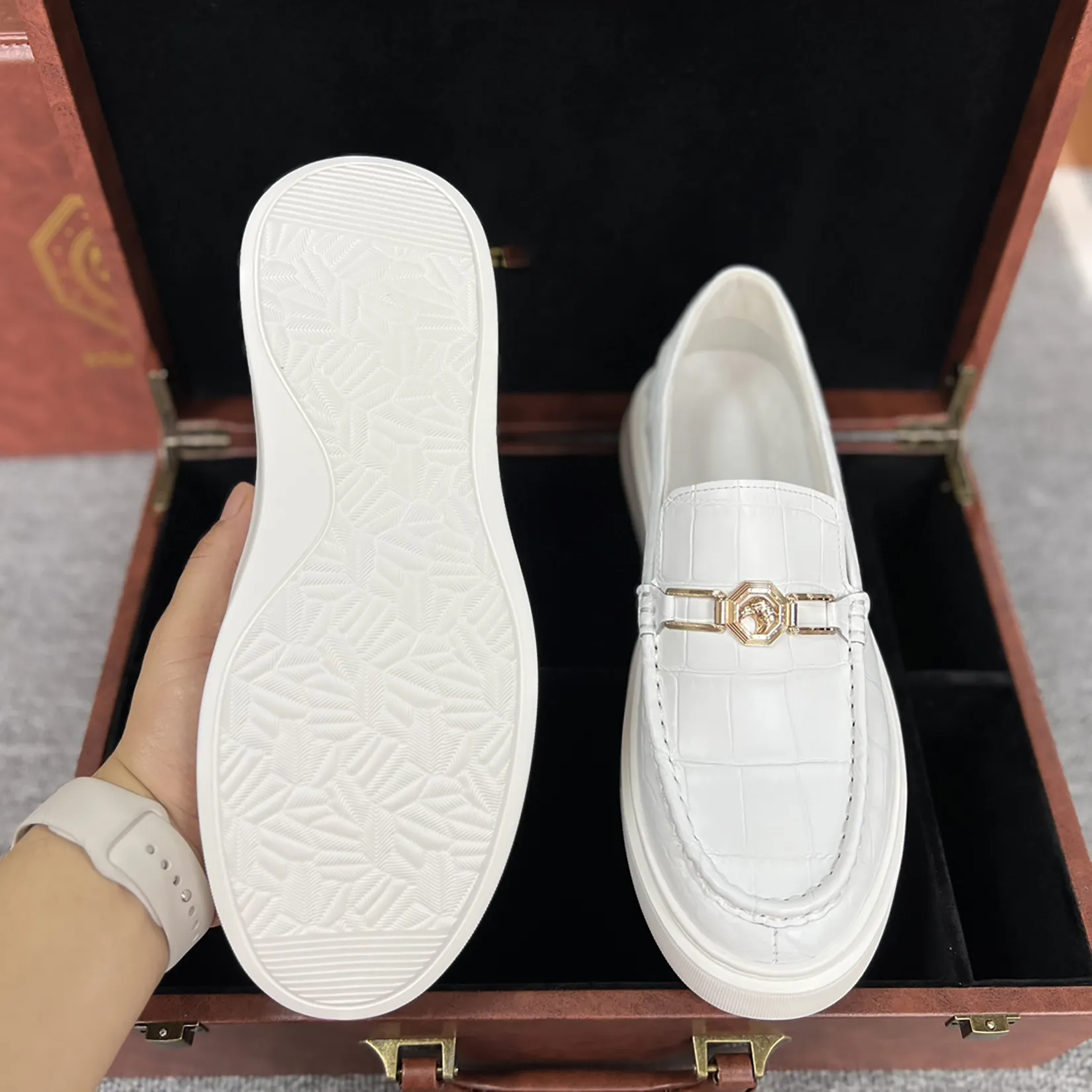 Men's Genuine Crocodile Leather Slip On Loafer Bit Shoes White