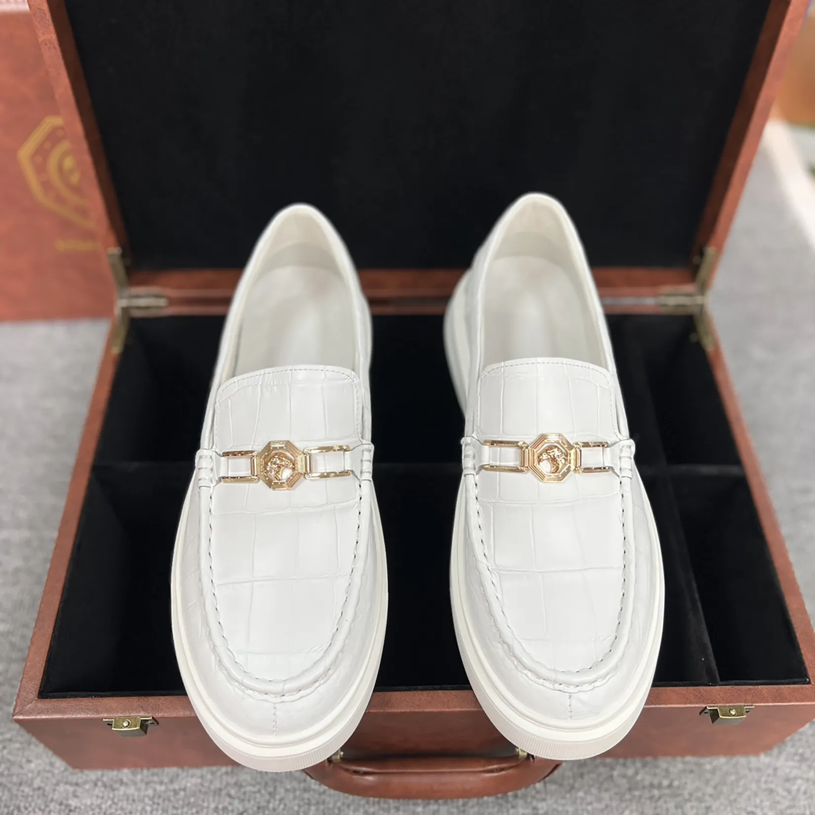 Men's Genuine Crocodile Leather Slip On Loafer Bit Shoes White