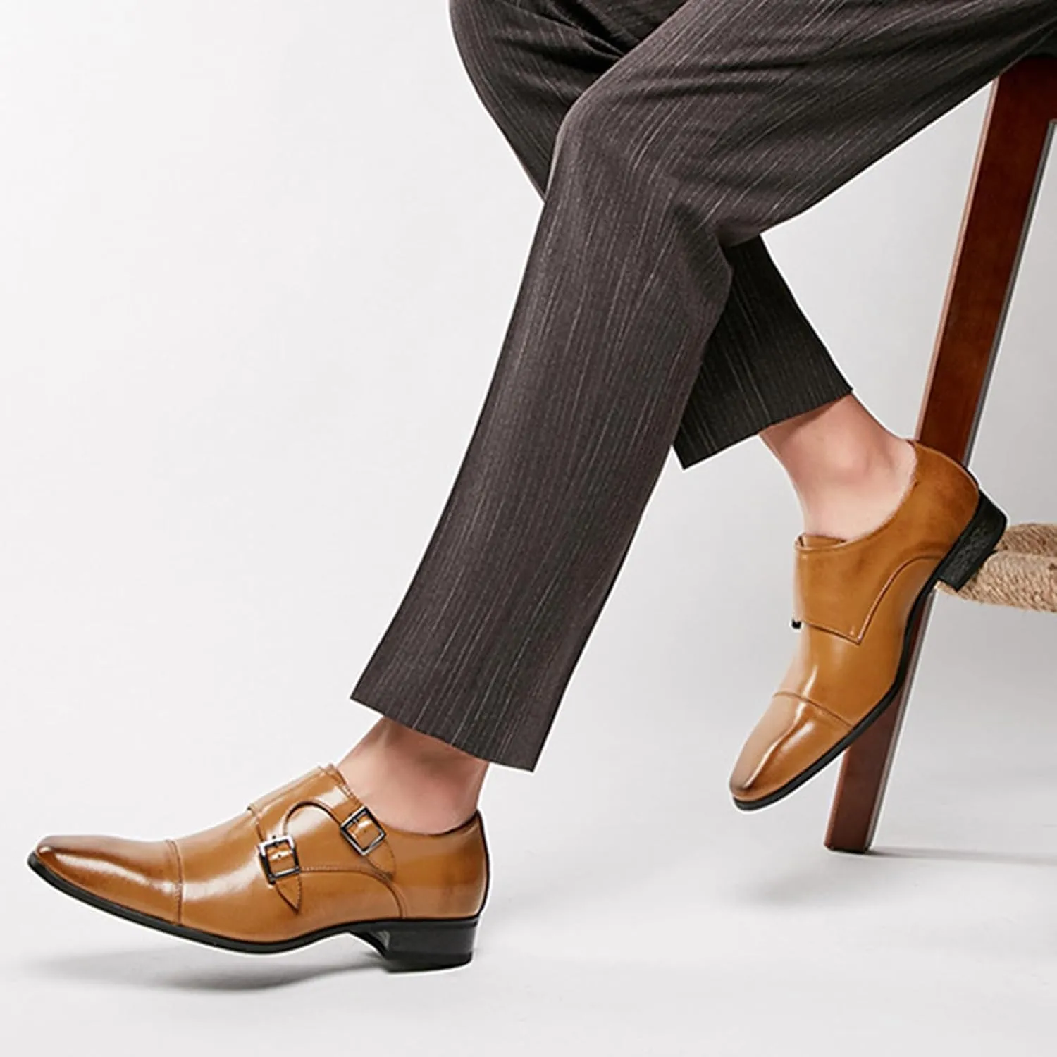 Men's Genuine Leather Dress Shoes Buckle Comfortable Slip On Monk Strap Loafers Classic Formal Business Shoes Luxury Non Slip Wedding Oxford Shoes