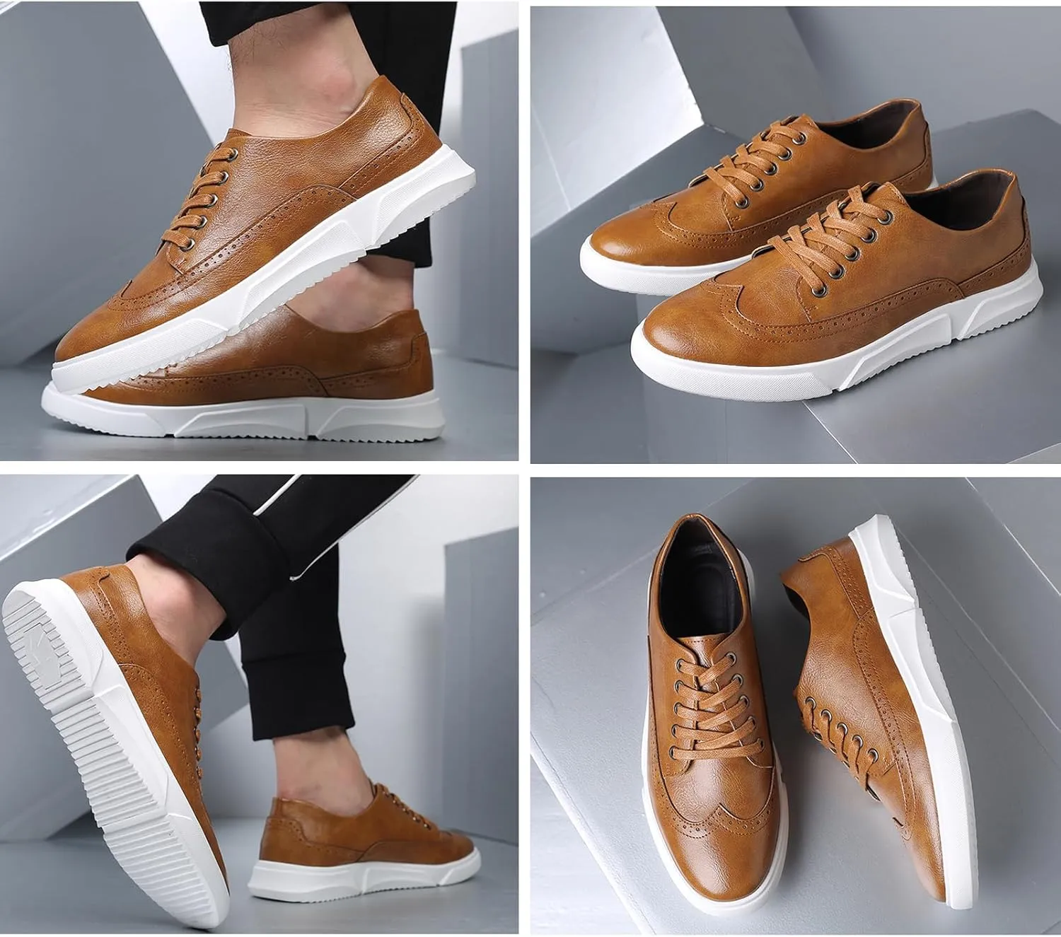 Men's Leather Flat Oxford Sneakers Fashion Brogues Wing Tip Lace Up Cap Toe Soft Sole Casual Dress Loafers for Business Office Work