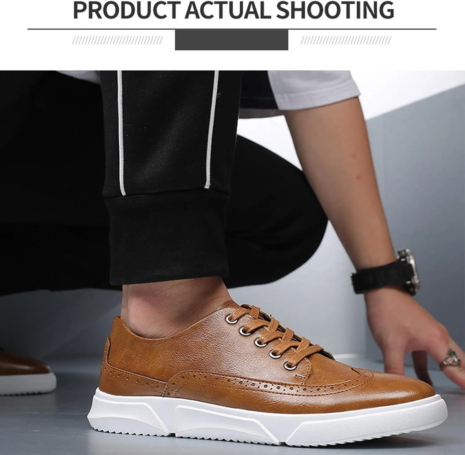 Men's Leather Flat Oxford Sneakers Fashion Brogues Wing Tip Lace Up Cap Toe Soft Sole Casual Dress Loafers for Business Office Work