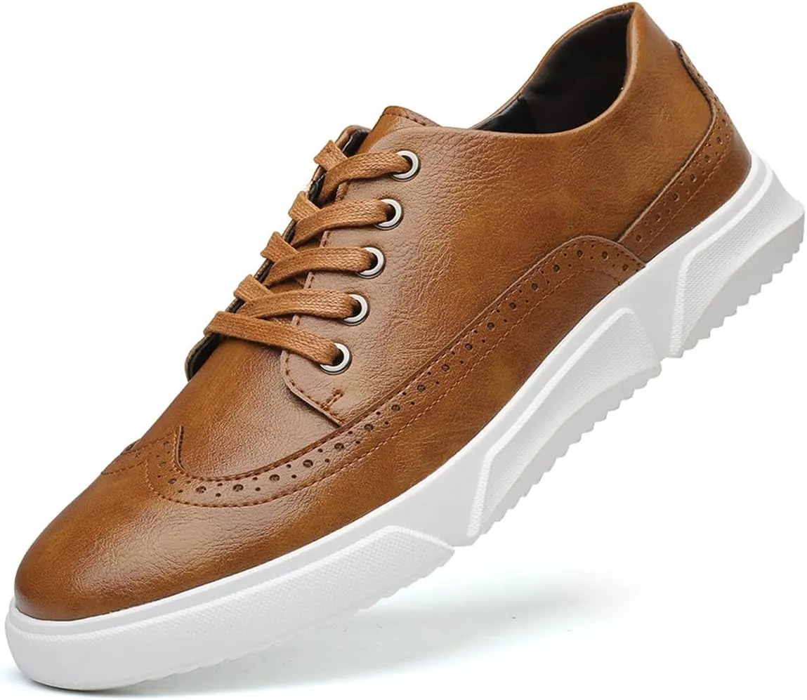 Men's Leather Flat Oxford Sneakers Fashion Brogues Wing Tip Lace Up Cap Toe Soft Sole Casual Dress Loafers for Business Office Work