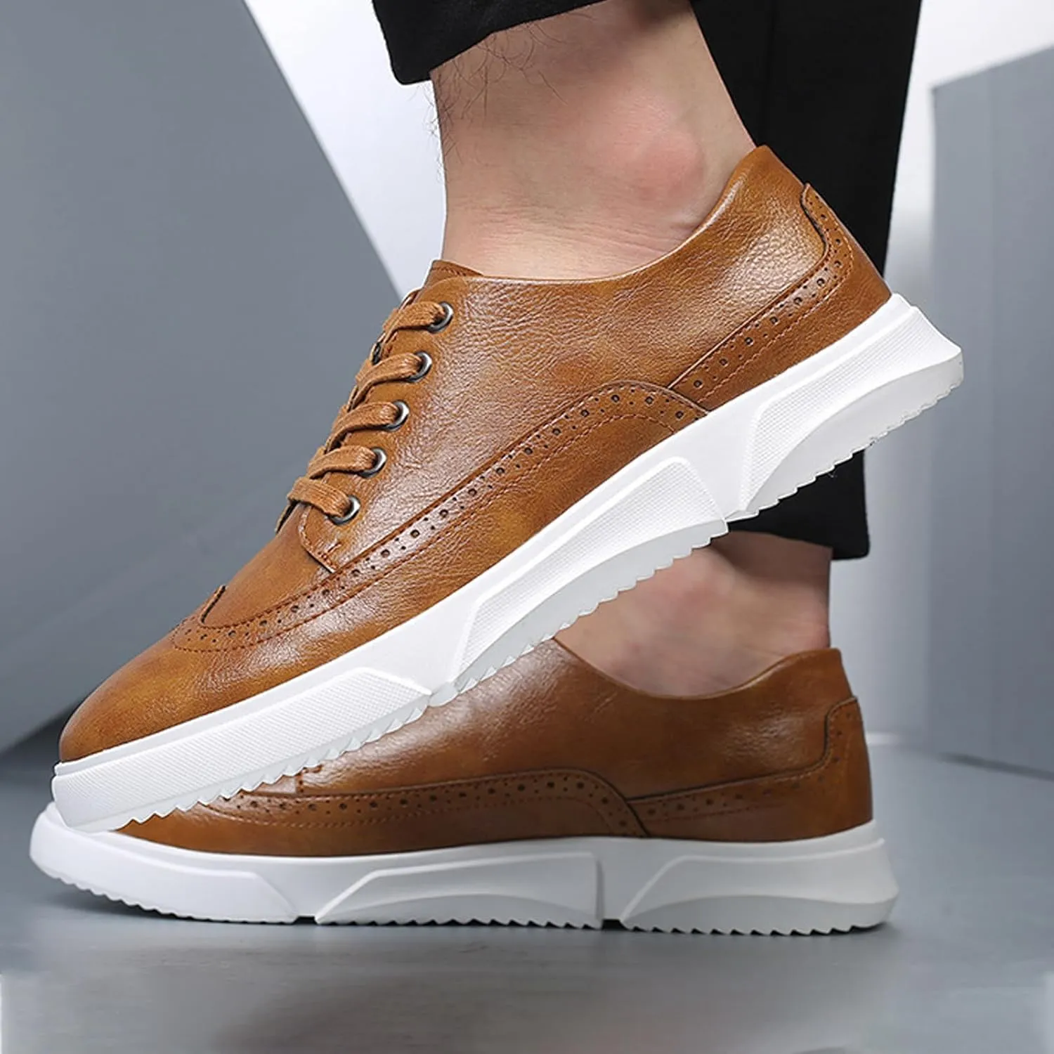 Men's Leather Flat Oxford Sneakers Fashion Brogues Wing Tip Lace Up Cap Toe Soft Sole Casual Dress Loafers for Business Office Work
