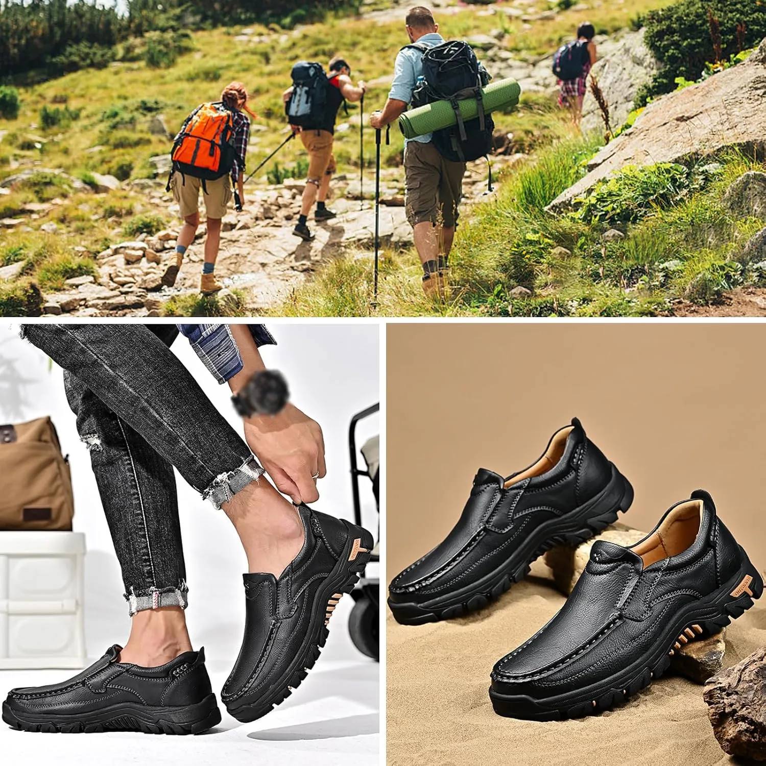 Men's Leather Hiking Shoes, Slip on Shoes for Men Work Loafers, Lightweight Breathable Casual Sneaker, Non-Slip Walking Shoes, Easy Wear on/Off