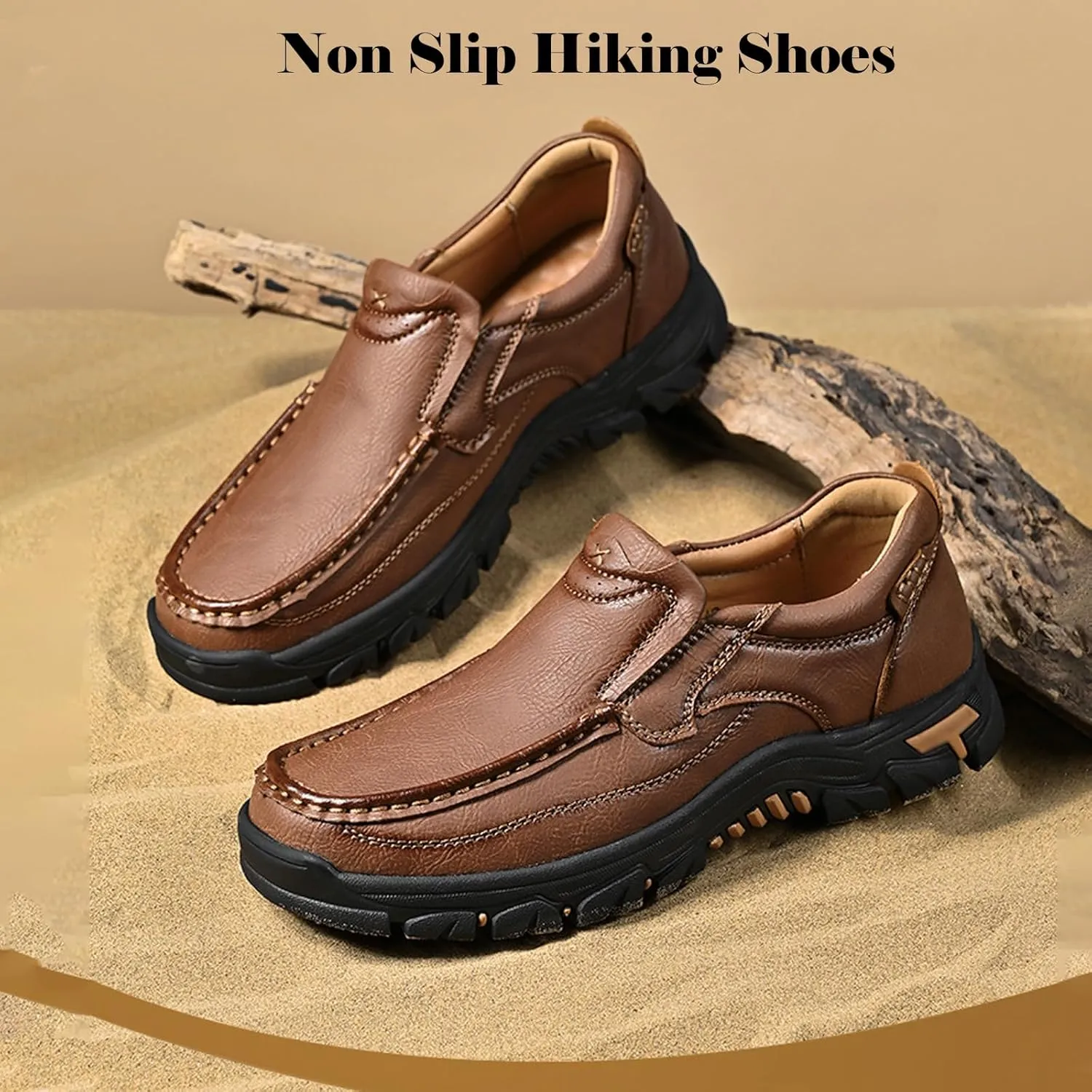 Men's Leather Hiking Shoes, Slip on Shoes for Men Work Loafers, Lightweight Breathable Casual Sneaker, Non-Slip Walking Shoes, Easy Wear on/Off