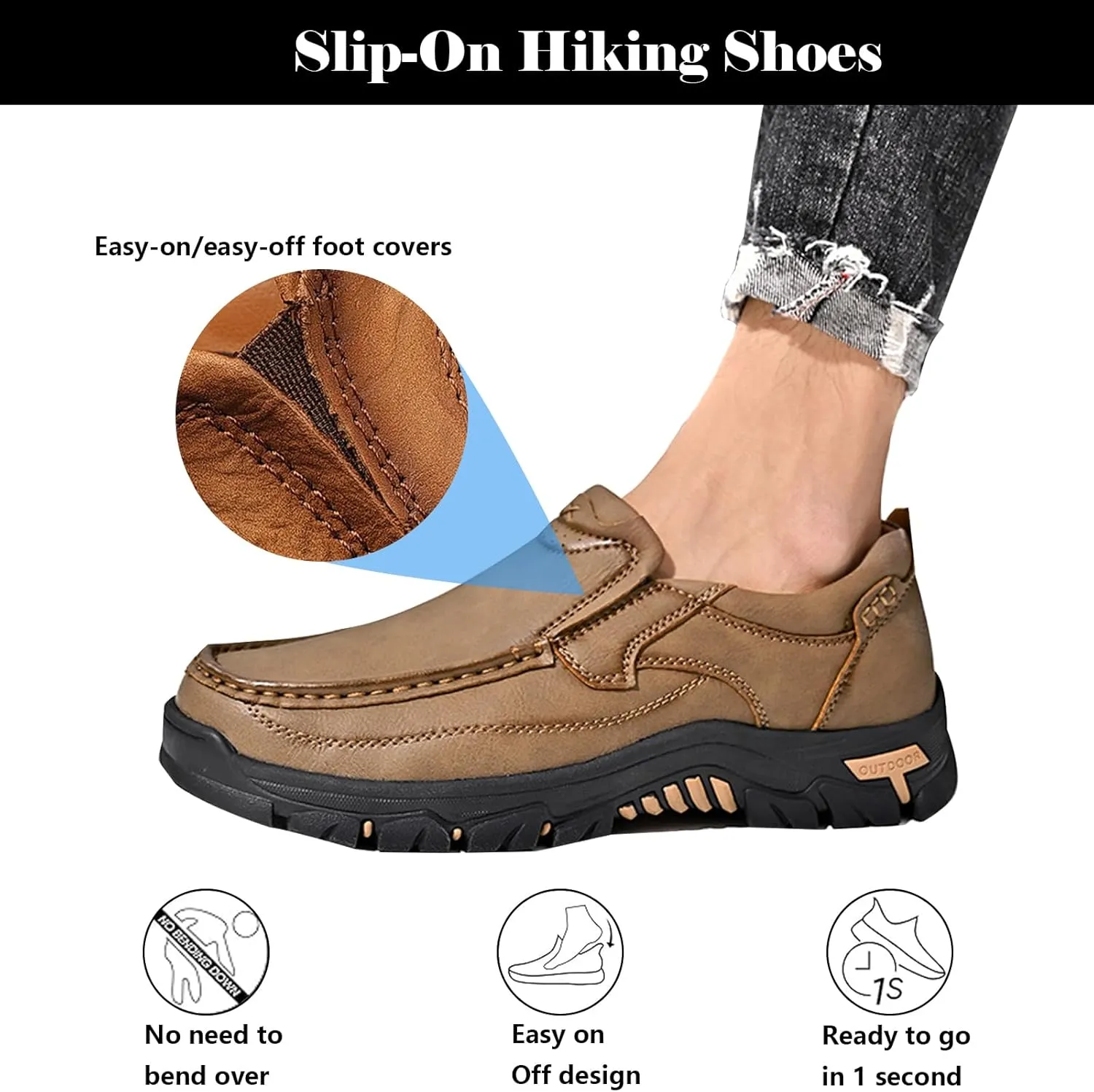 Men's Leather Hiking Shoes, Slip on Shoes for Men Work Loafers, Lightweight Breathable Casual Sneaker, Non-Slip Walking Shoes, Easy Wear on/Off