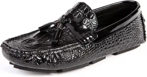 Men's Loafers Genuine Leather Tassel Round Toe Faux Crocodile Grain Anti-Slip Flexible Comfortable Outdoor Walking Slip-on