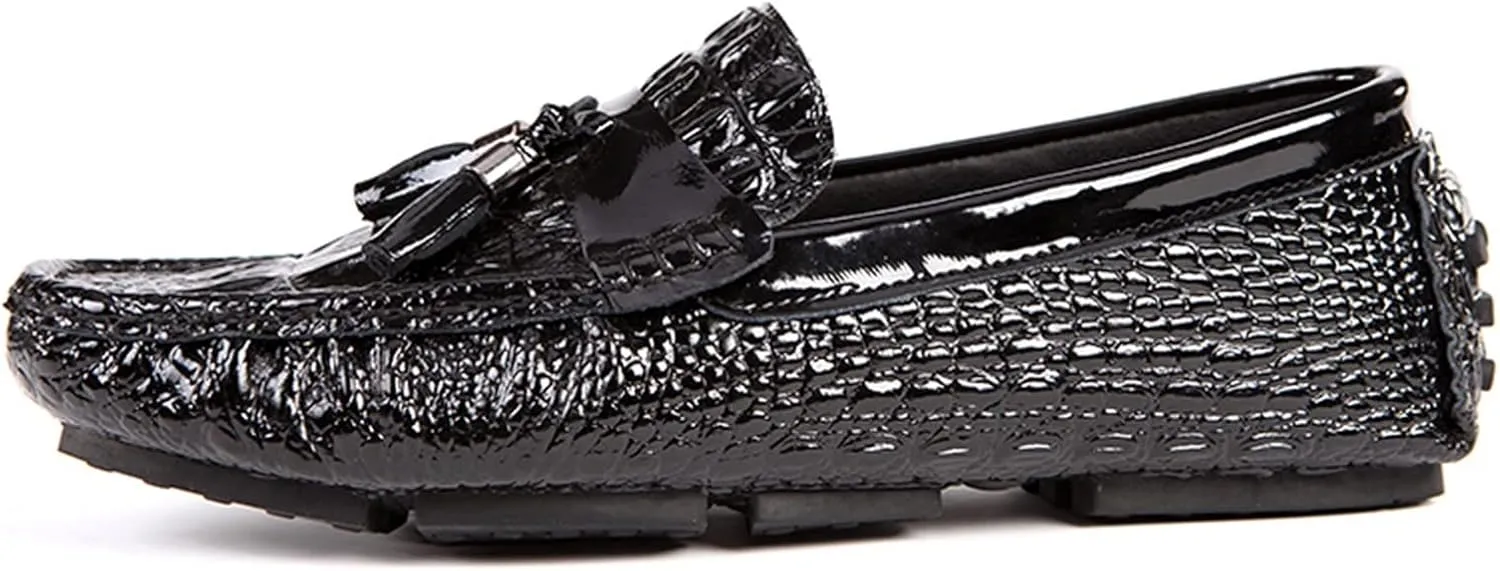 Men's Loafers Genuine Leather Tassel Round Toe Faux Crocodile Grain Anti-Slip Flexible Comfortable Outdoor Walking Slip-on