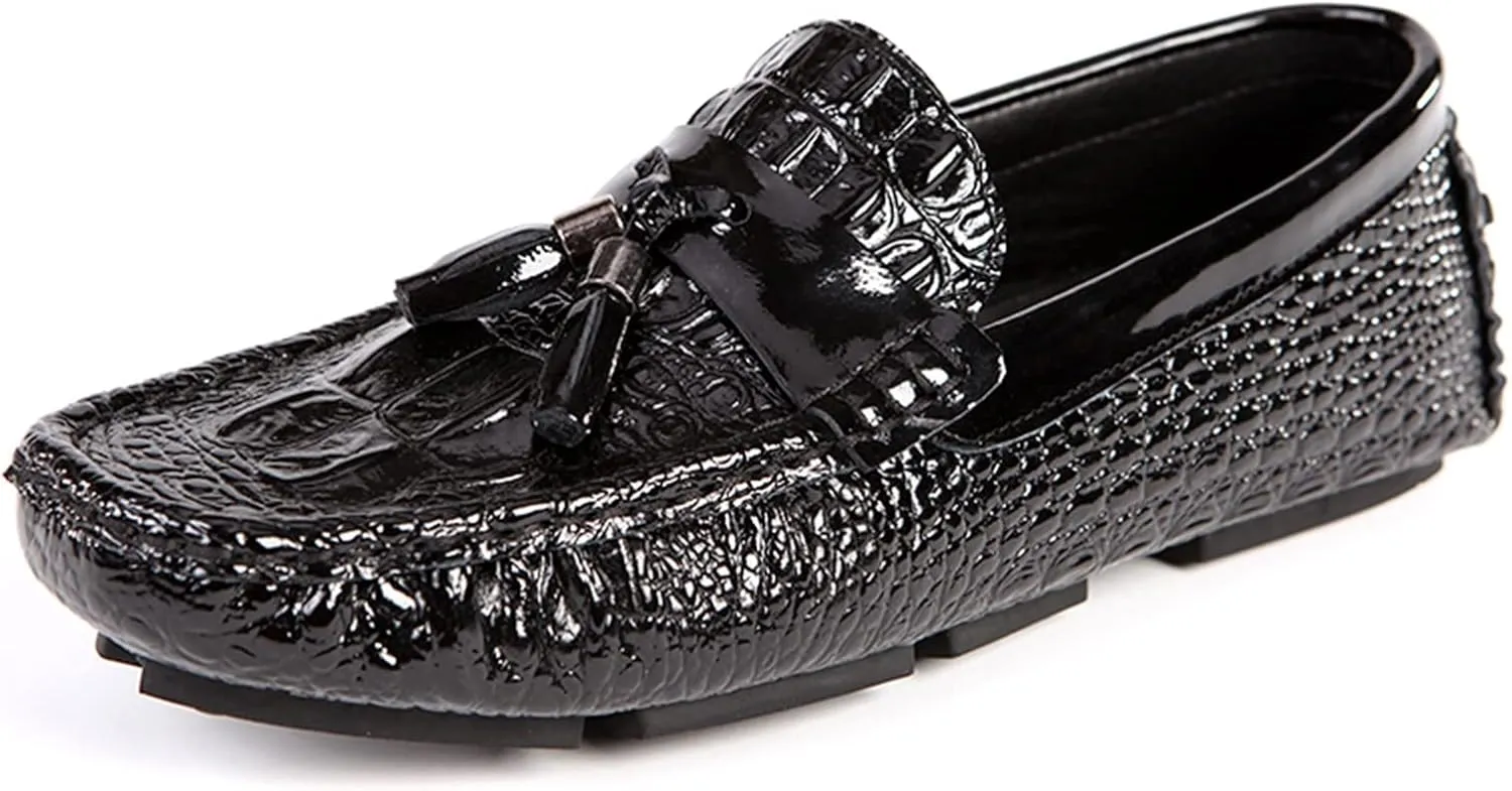 Men's Loafers Genuine Leather Tassel Round Toe Faux Crocodile Grain Anti-Slip Flexible Comfortable Outdoor Walking Slip-on