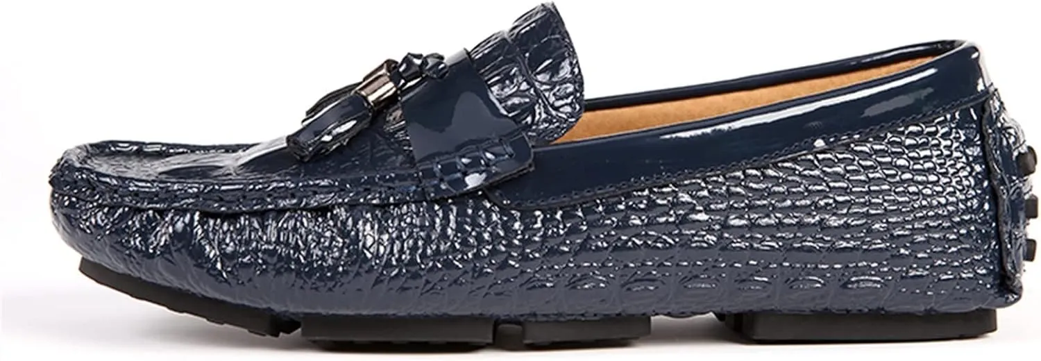 Men's Loafers Genuine Leather Tassel Round Toe Faux Crocodile Grain Anti-Slip Flexible Comfortable Outdoor Walking Slip-on