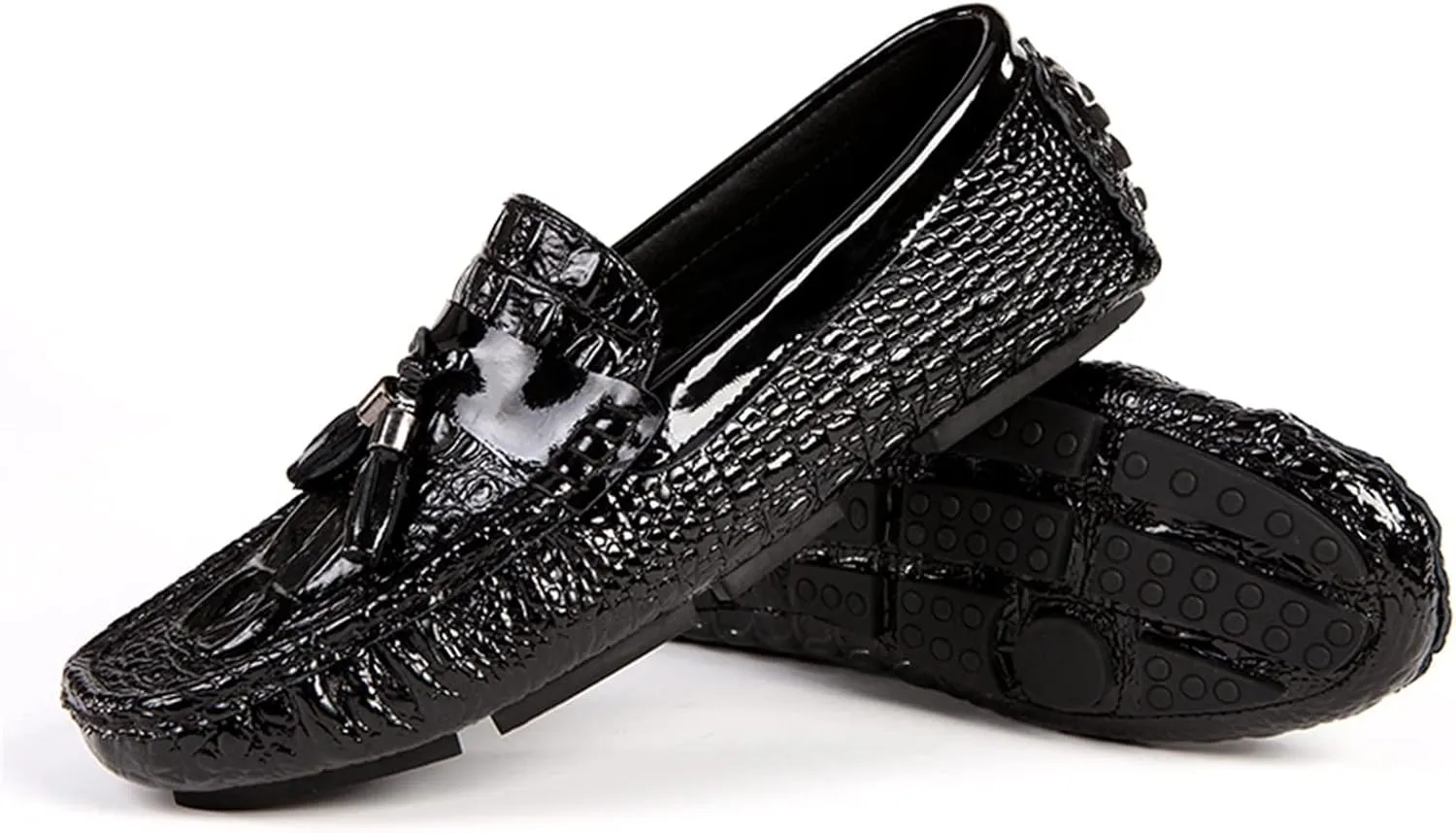 Men's Loafers Genuine Leather Tassel Round Toe Faux Crocodile Grain Anti-Slip Flexible Comfortable Outdoor Walking Slip-on