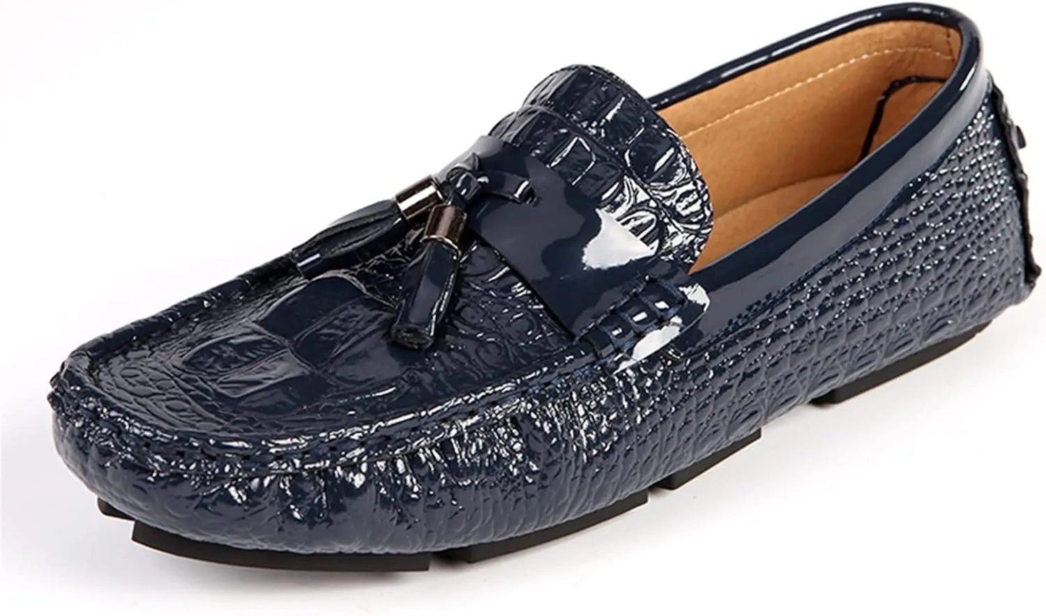 Men's Loafers Genuine Leather Tassel Round Toe Faux Crocodile Grain Anti-Slip Flexible Comfortable Outdoor Walking Slip-on