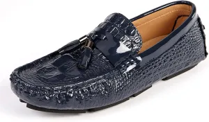 Men's Loafers Genuine Leather Tassel Round Toe Faux Crocodile Grain Anti-Slip Flexible Comfortable Outdoor Walking Slip-on