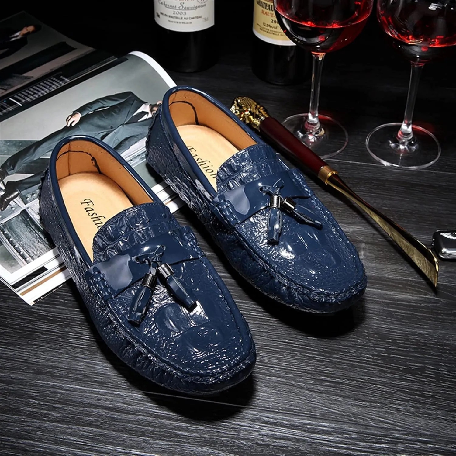 Men's Loafers Genuine Leather Tassel Round Toe Faux Crocodile Grain Anti-Slip Flexible Comfortable Outdoor Walking Slip-on