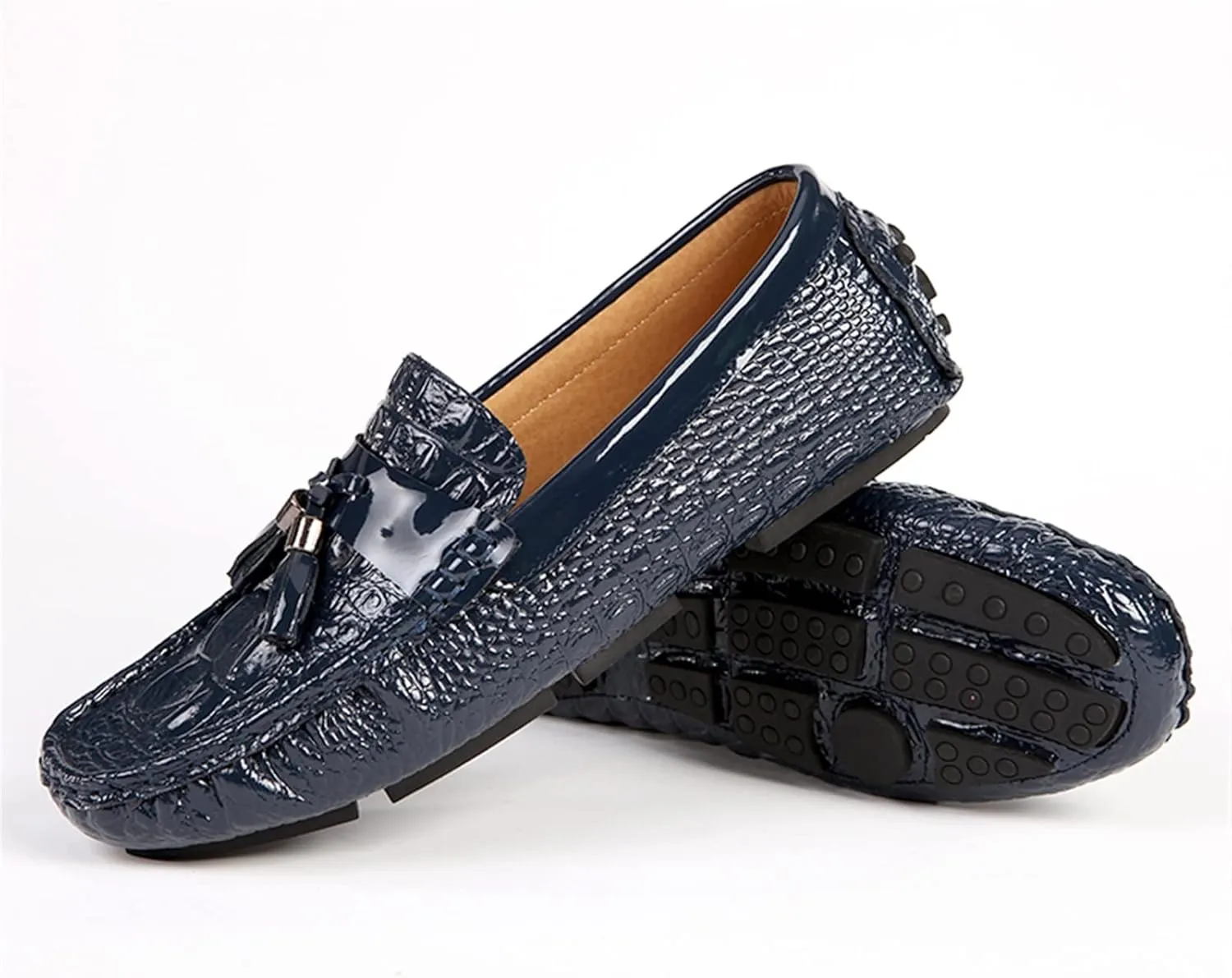 Men's Loafers Genuine Leather Tassel Round Toe Faux Crocodile Grain Anti-Slip Flexible Comfortable Outdoor Walking Slip-on